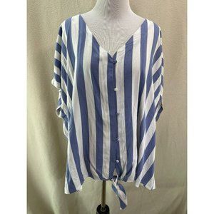 Studio B Blue & White Vertically Striped Front Tie Knot Button-up Blouse - 3X